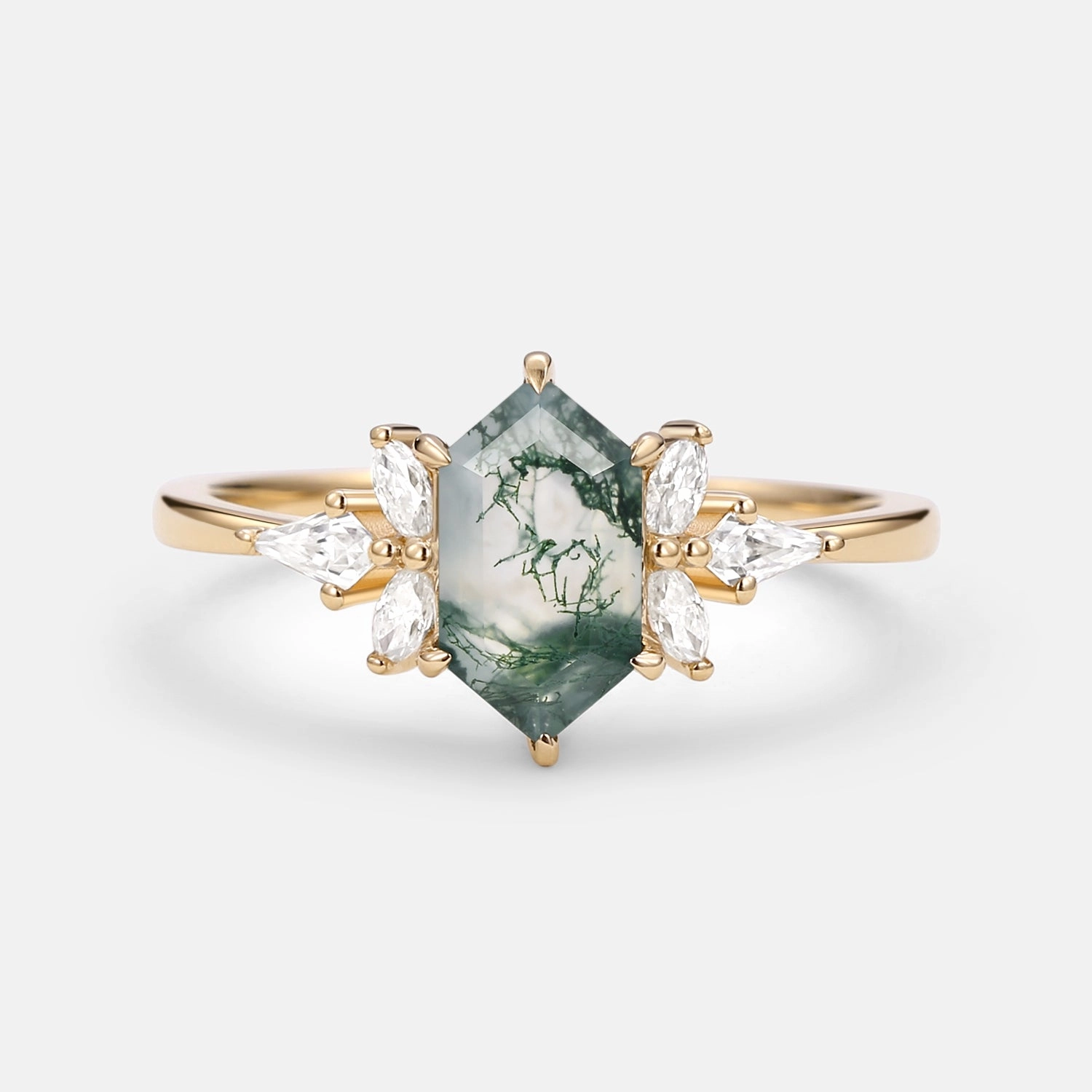 Dainty Accessory Hexagon & Kite Moss Agate Cluster Engagement Ring