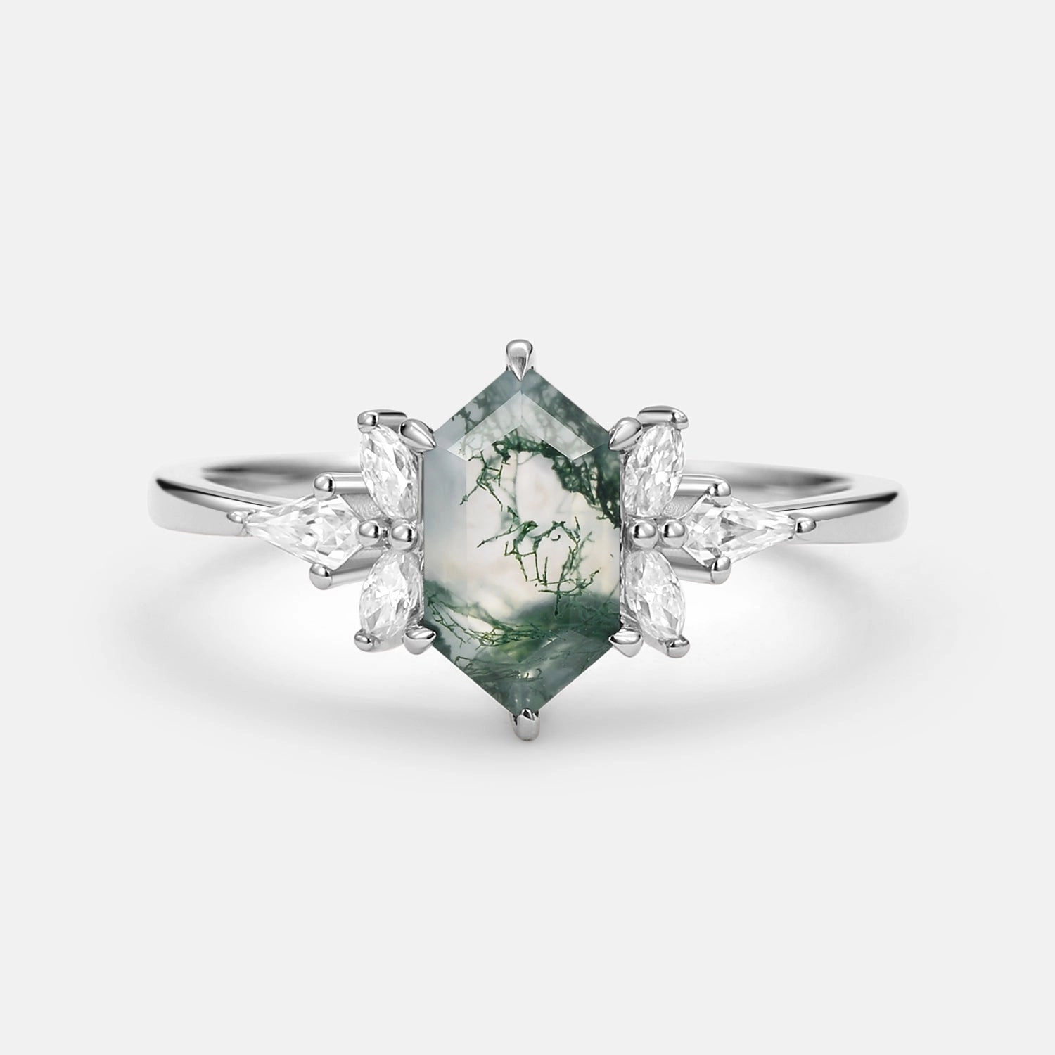 Graceful Simplicity Refined Vibe Hexagon & Kite Moss Agate Cluster Engagement Ring