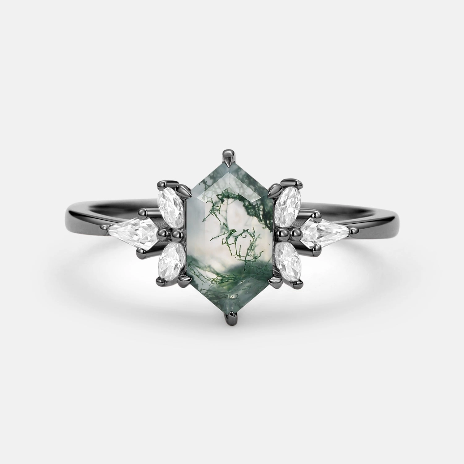 Hexagon & Kite Moss Agate Cluster Engagement Ring Modern Highlight