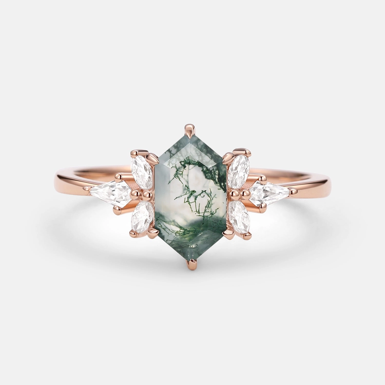 Premium Piece Affordable Bauble Hexagon & Kite Moss Agate Cluster Engagement Ring
