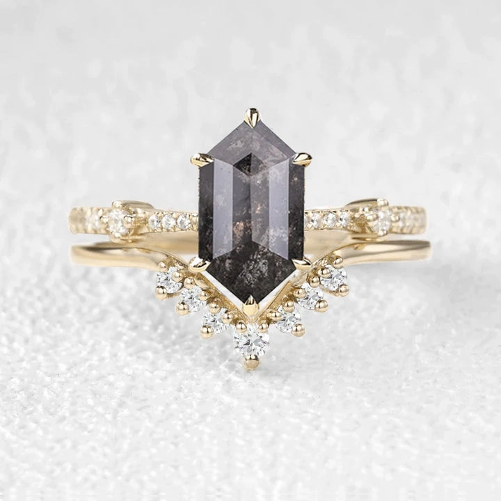 Hexagon Black & White Salt and Pepper Diamonds Ring Set 2pcs Fantastic Accessory Casual Expression