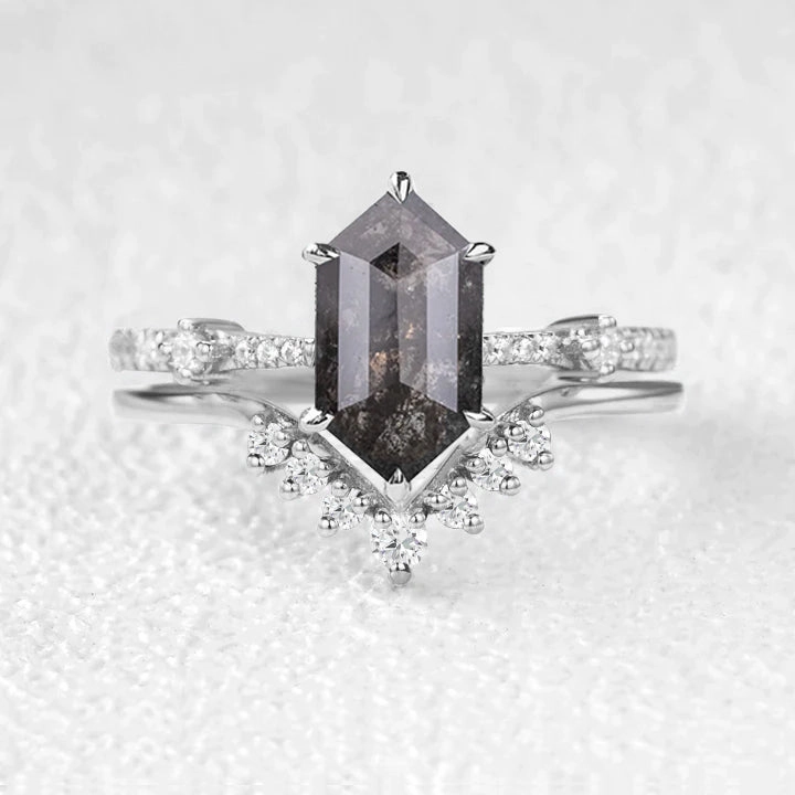 Vintage Embellishment Adjustable For All Hexagon Black & White Salt and Pepper Diamonds Ring Set 2pcs
