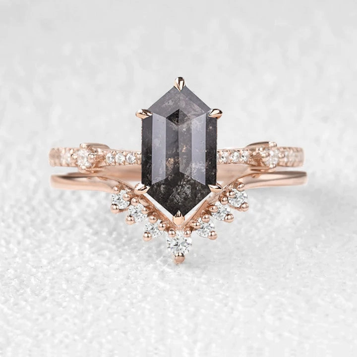 Family Bond Fine Statement Hexagon Black & White Salt and Pepper Diamonds Ring Set 2pcs