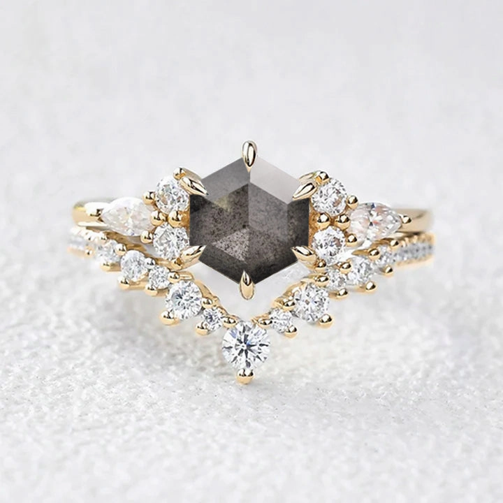Hexagon Cut Salt and Pepper Diamonds Cluster Ring Set 2pcs Unique Keepsake Gentle Simplicity