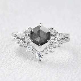 Hexagon Cut Salt and Pepper Diamonds Cluster Ring Set 2pcs Stylish Glow Minimalist Look