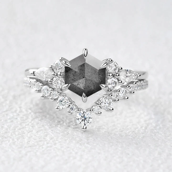 Hexagon Cut Salt and Pepper Diamonds Cluster Ring Set 2pcs Custom Embellishment Comfortable Wear