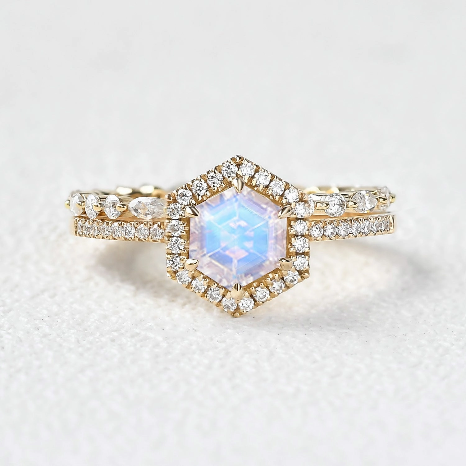 Branded Accessory Fine Jewelry Hexagon Moonstone & Moissantie Halo Ring Set 2PCS