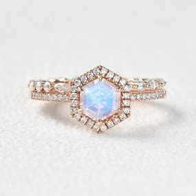 Robust Style Value Ornament Hexagon Moonstone & Moissantie Halo Ring Set 2PCS