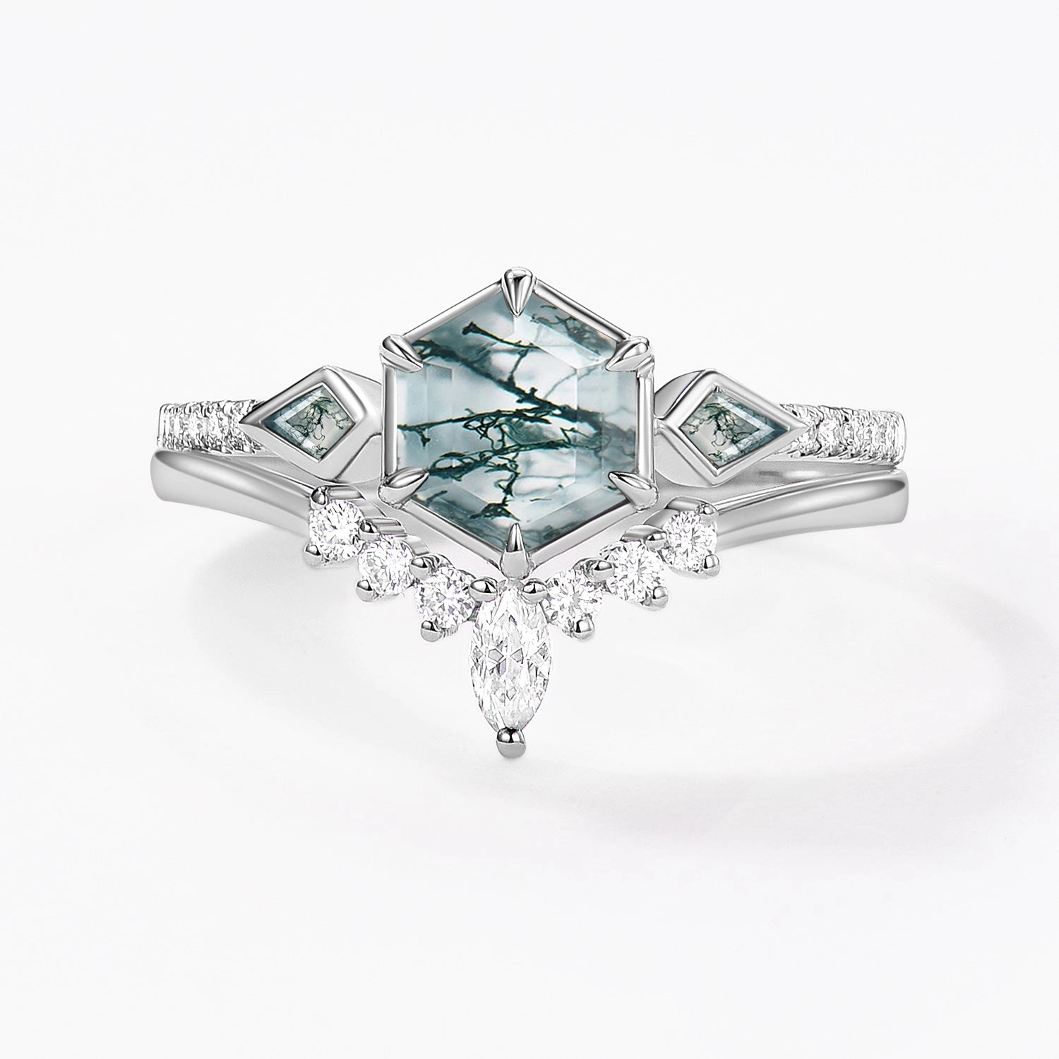 Layering Essential Neutral Feature Hexagon Moss Agate Geometric Three Stone Cluster Engagement Ring Set 2pcs