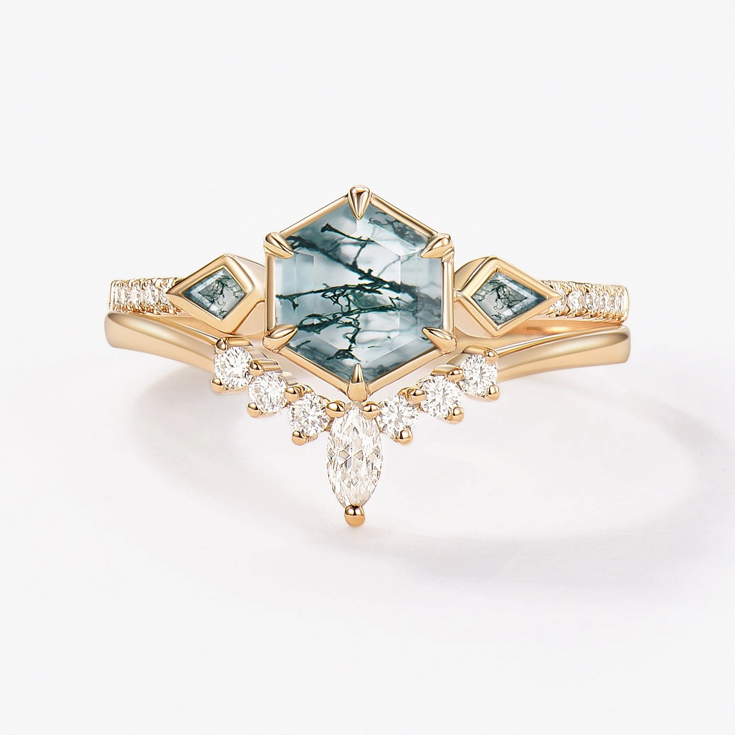 Hexagon Moss Agate Geometric Three Stone Cluster Engagement Ring Set 2pcs Elegant feature