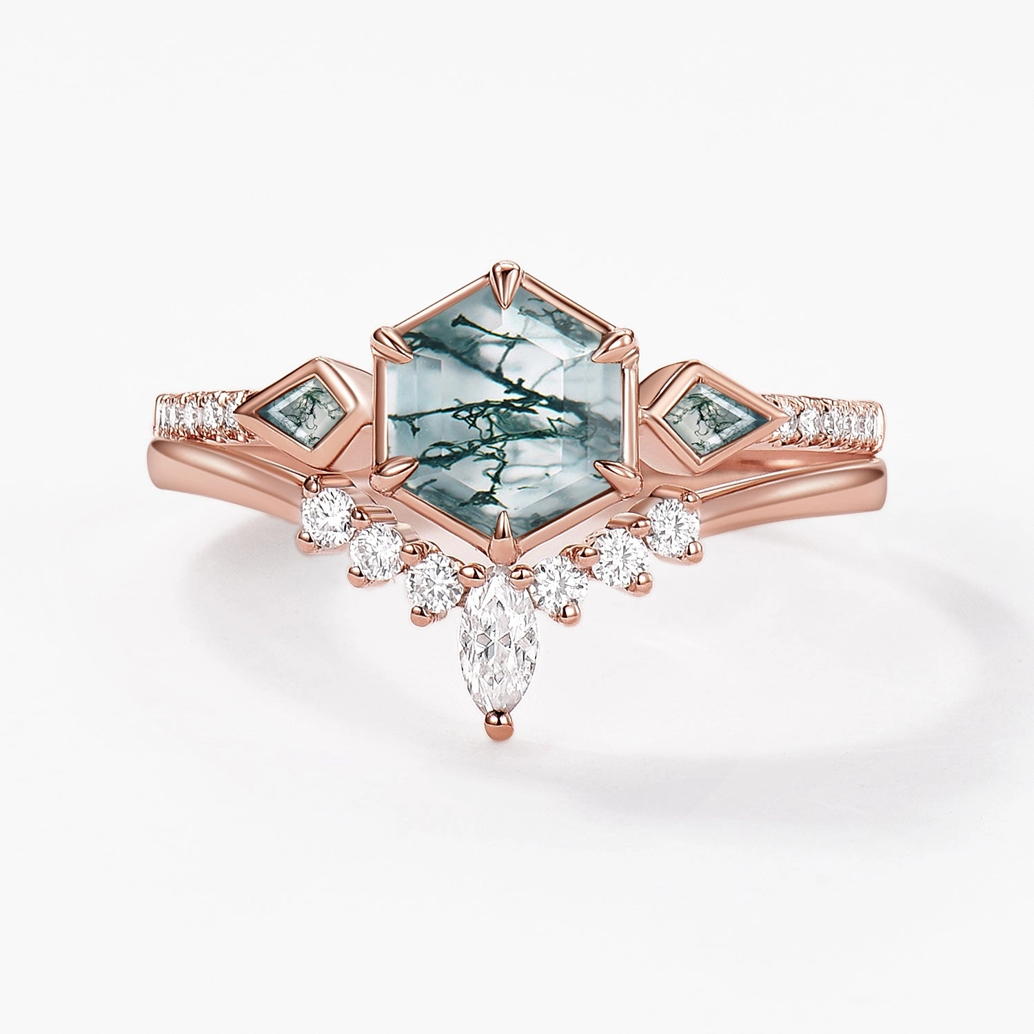 Mirror Selfie Hexagon Moss Agate Geometric Three Stone Cluster Engagement Ring Set 2pcs