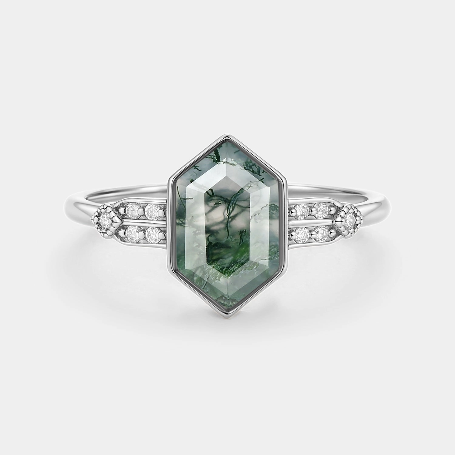 Polished Pieces Precious Stones Hexagon Moss Agate Leafy Moissanite Vintage Engagement Ring - Nocturne