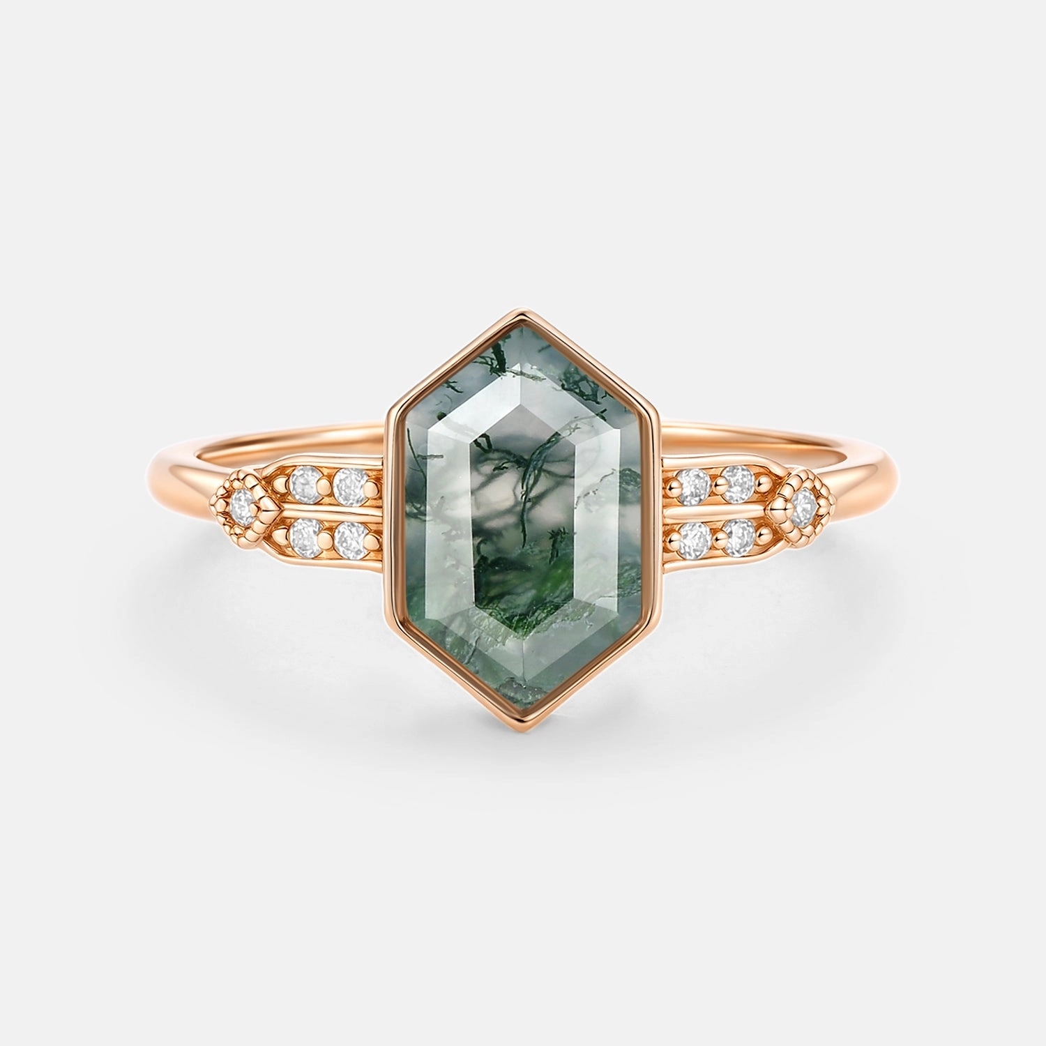 Hexagon Moss Agate Leafy Moissanite Vintage Engagement Ring - Nocturne Sculpted Detail