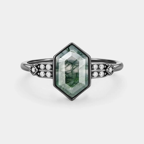 Alluring Touch Studio Light Hexagon Moss Agate Leafy Moissanite Vintage Engagement Ring - Nocturne