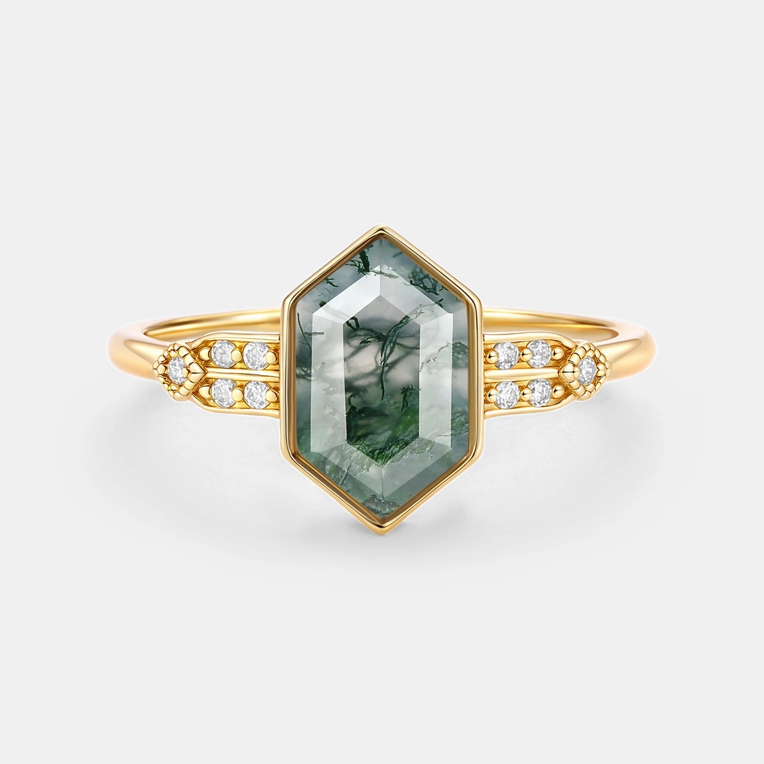 Hexagon Moss Agate Leafy Moissanite Vintage Engagement Ring - Nocturne Glamour Appeal Brilliant Shine