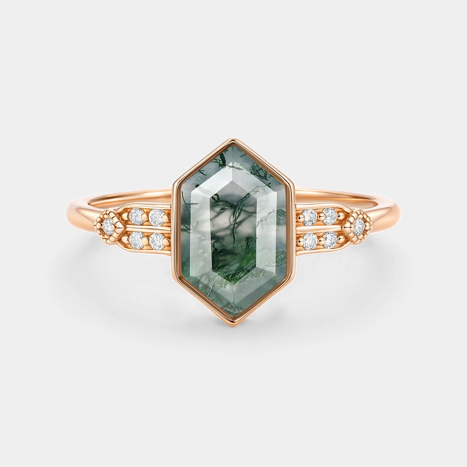 Layered Finish Dainty Touch Hexagon Moss Agate Leafy Moissanite Vintage Engagement Ring - Nocturne