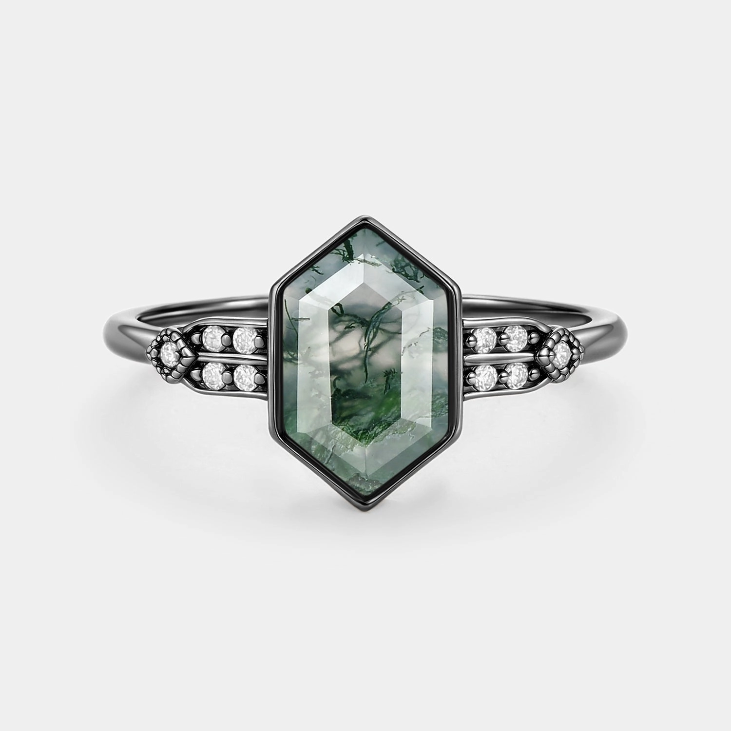 Hexagon Moss Agate Leafy Moissanite Vintage Engagement Ring - Nocturne Custom Ornament Classic Choice
