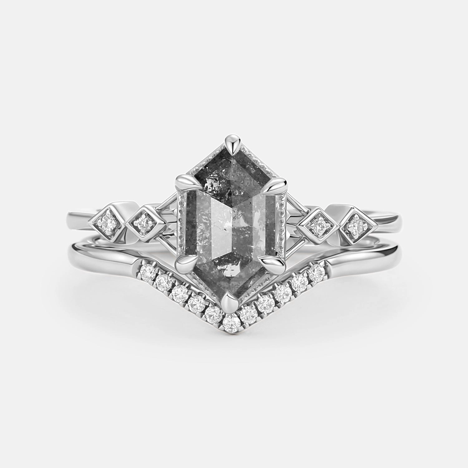 Hexagon Salt and Pepper Diamonds Ring Set 2pcs - Druk Bold Touch
