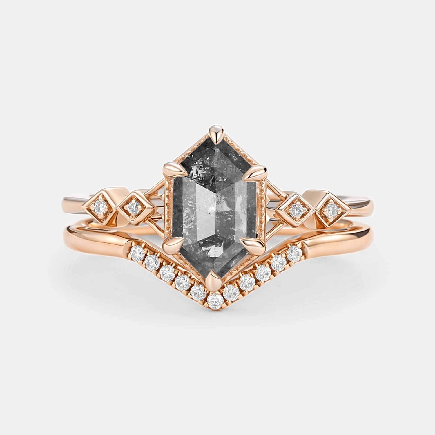 Premium accessory Hexagon Salt and Pepper Diamonds Ring Set 2pcs - Druk