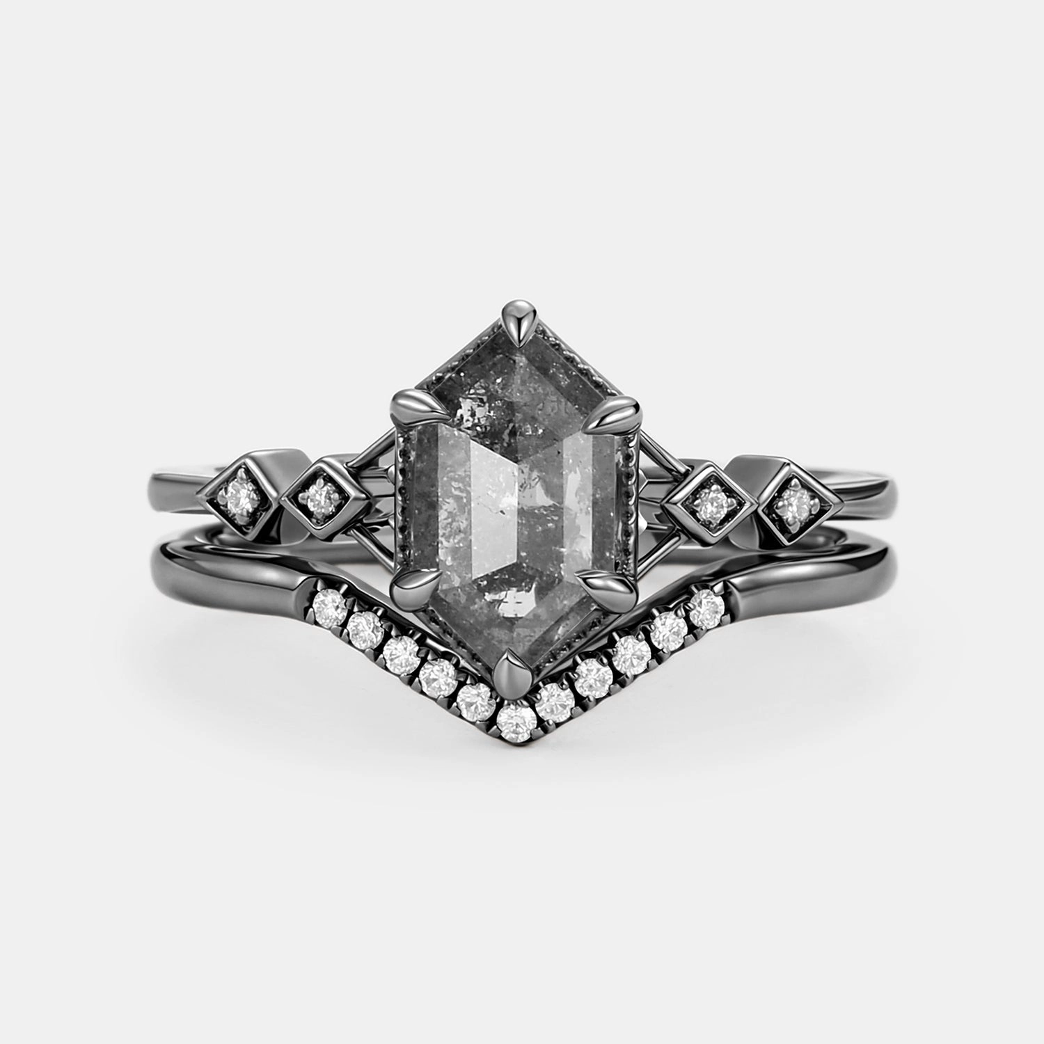 Traditional Token Personal Touch Hexagon Salt and Pepper Diamonds Ring Set 2pcs - Druk