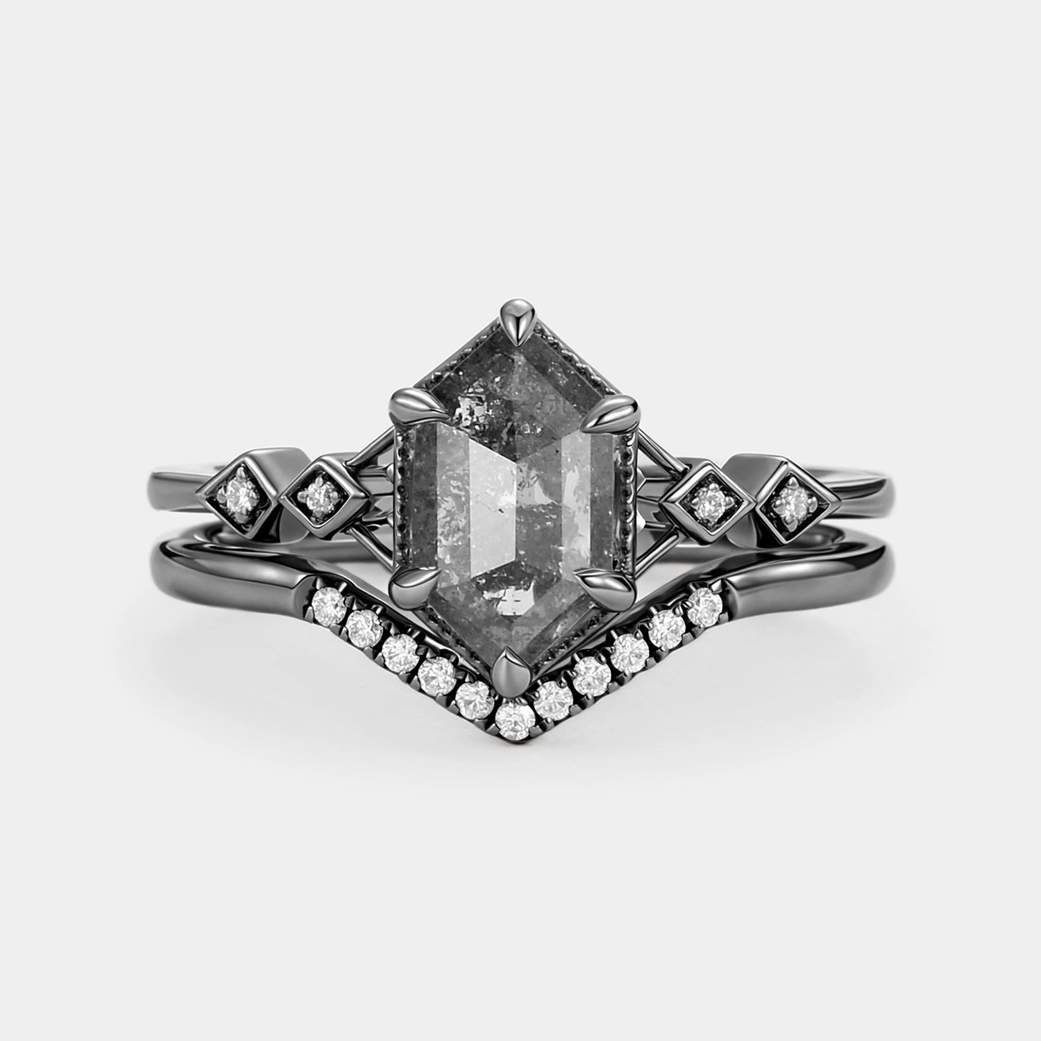 Elegant accessory Vibrant Appeal Hexagon Salt and Pepper Diamonds Ring Set 2pcs - Druk