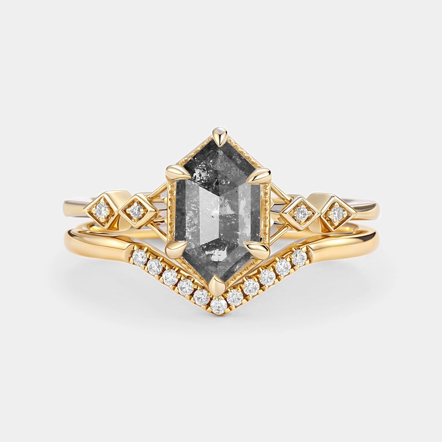 Statement Vibe Hexagon Salt and Pepper Diamonds Ring Set 2pcs - Druk