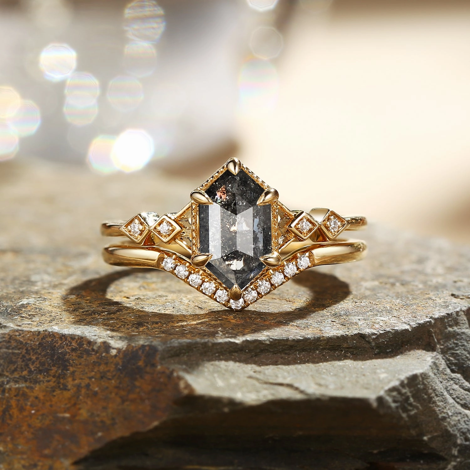 Hexagon Salt and Pepper Diamonds Ring Set 2pcs - Druk Comfortable Piece Lovely Design