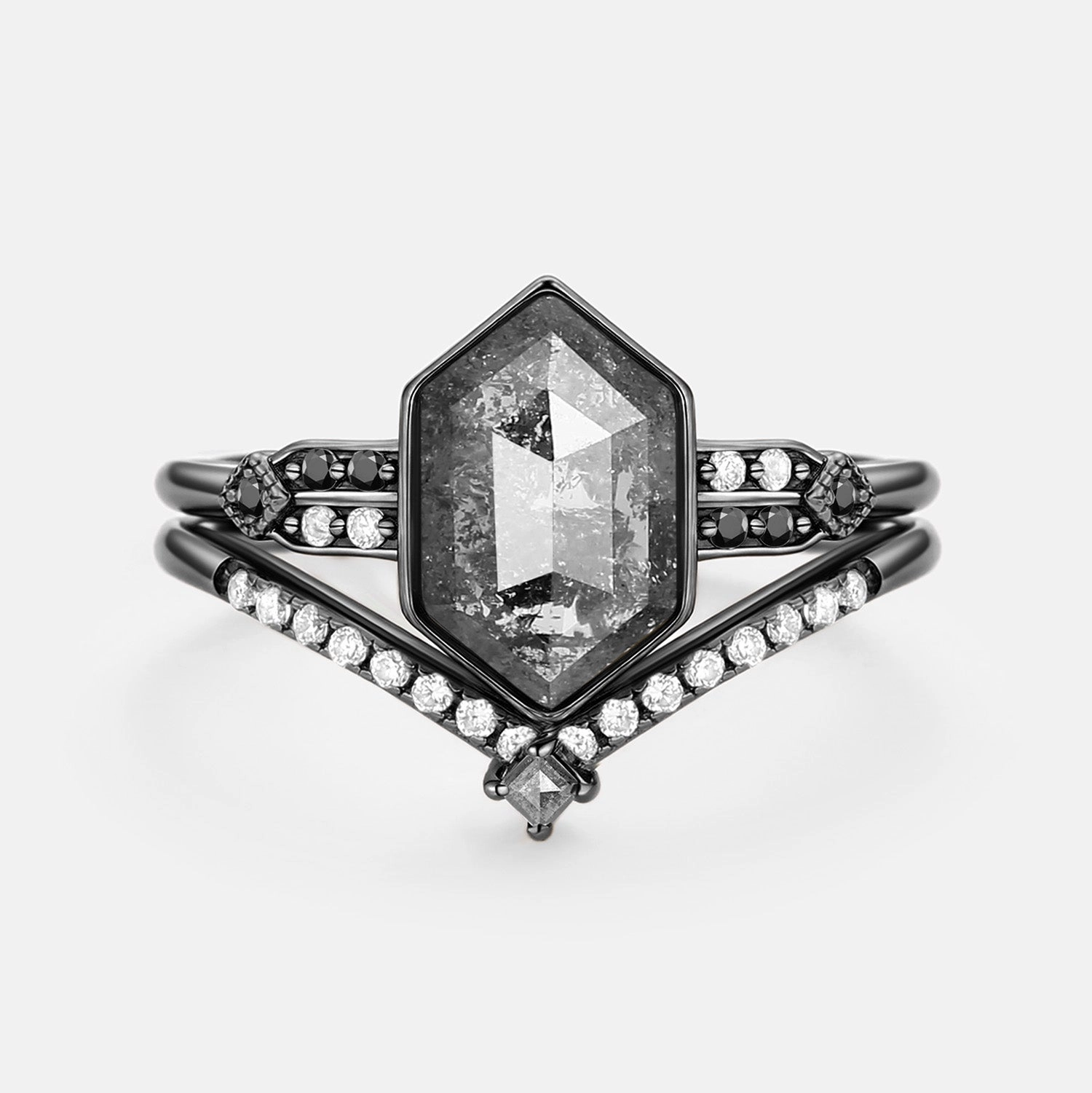 Hexagon Salt and Pepper Diamonds Ring Set 2pcs - Nocturne Finest Piece