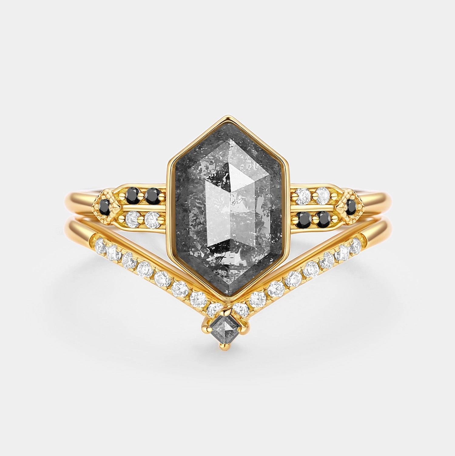 Custom Style Easy Maintenance Hexagon Salt and Pepper Diamonds Ring Set 2pcs - Nocturne