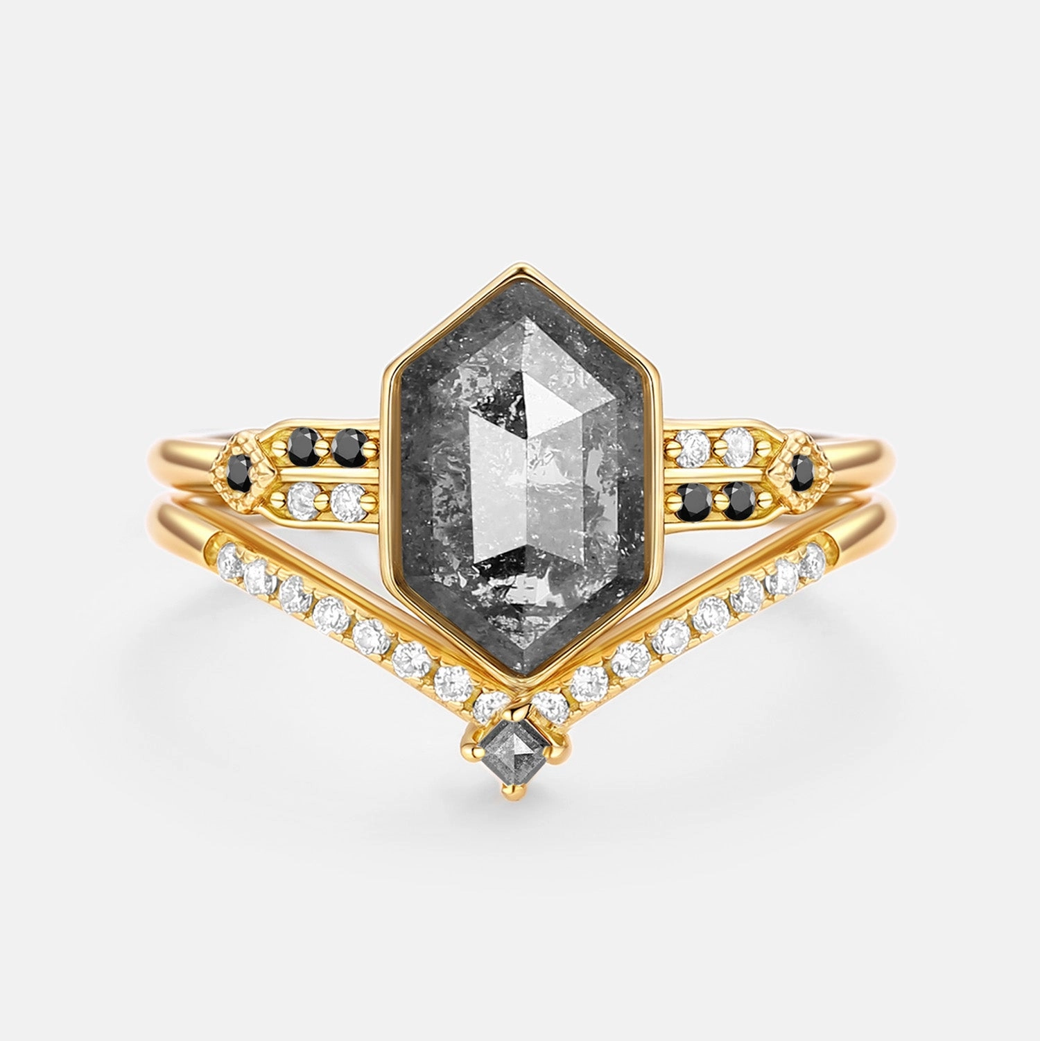 Hexagon Salt and Pepper Diamonds Ring Set 2pcs - Nocturne Classic Touch Sleek Spark