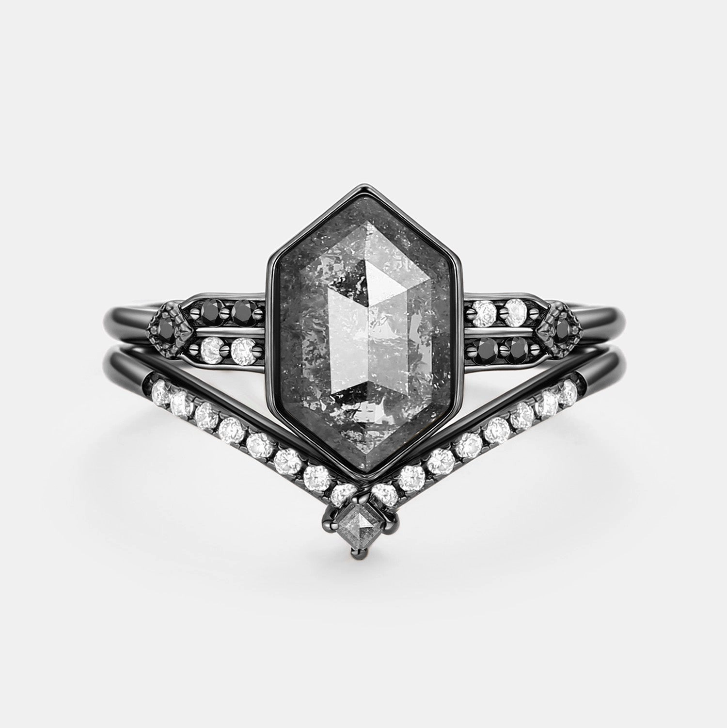 Simple Memento Neutral Tone Hexagon Salt and Pepper Diamonds Ring Set 2pcs - Nocturne