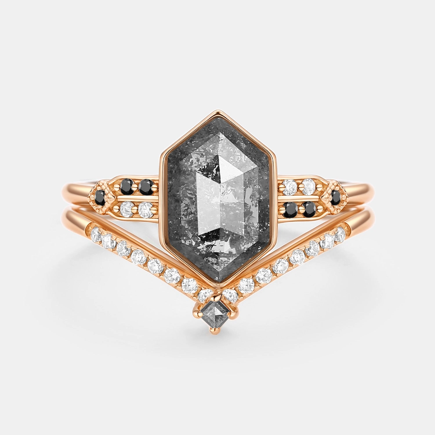 Modern Form Fashion Mood Hexagon Salt and Pepper Diamonds Ring Set 2pcs - Nocturne