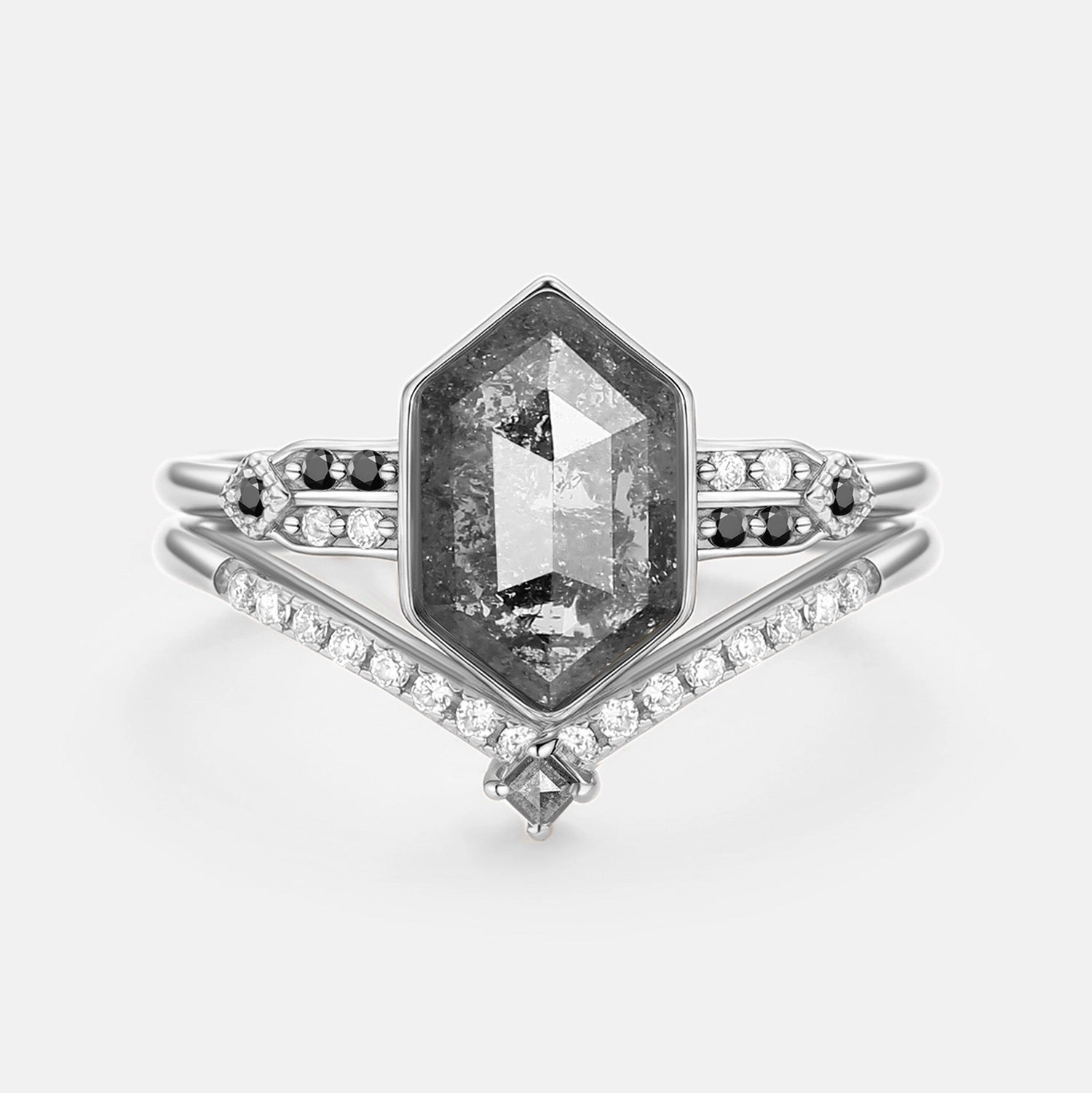 Hexagon Salt and Pepper Diamonds Ring Set 2pcs - Nocturne Classic Simplicity