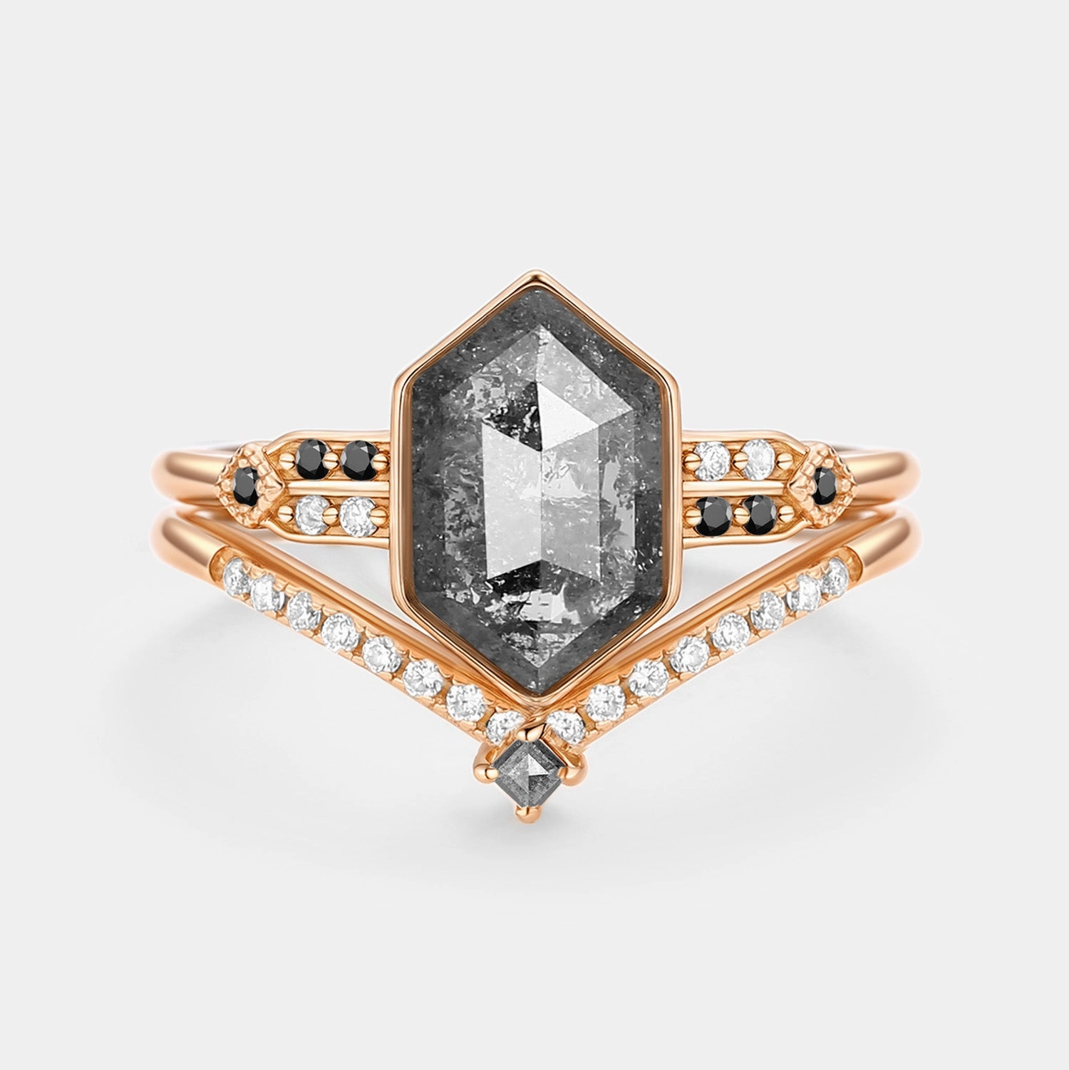 Hexagon Salt and Pepper Diamonds Ring Set 2pcs - Nocturne Brilliant Item