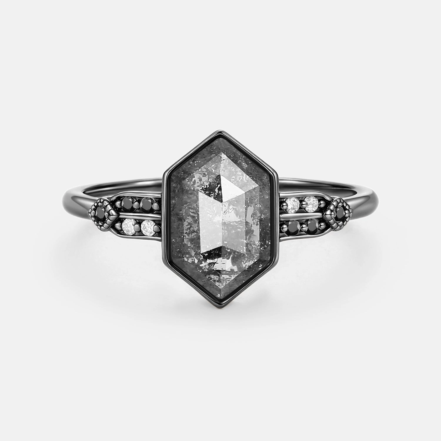 Hexagon Salt and Pepper Diamonds Stacking Engagement Ring - Nocturne Elegant Flow Customer Favorite