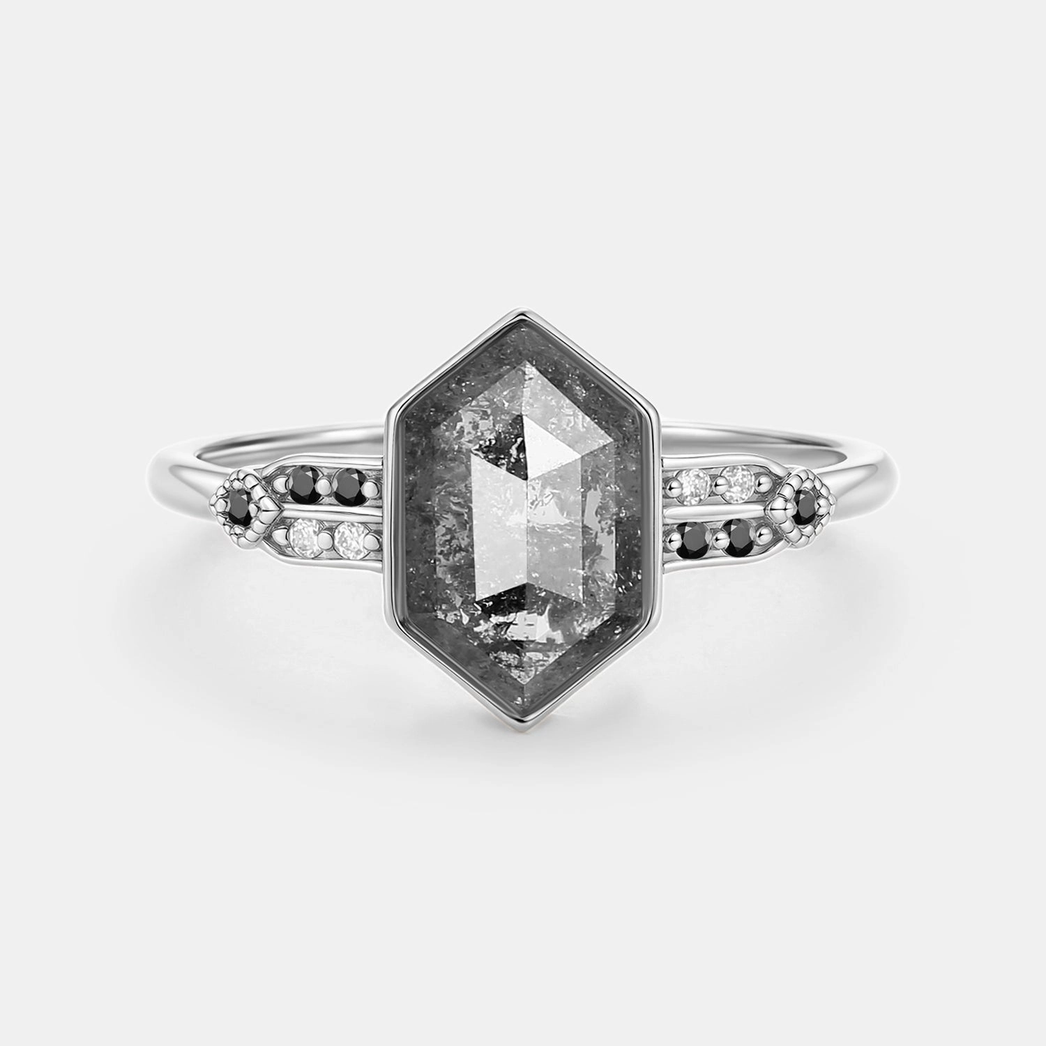 Casual Glow Unique Vibe Hexagon Salt and Pepper Diamonds Stacking Engagement Ring - Nocturne