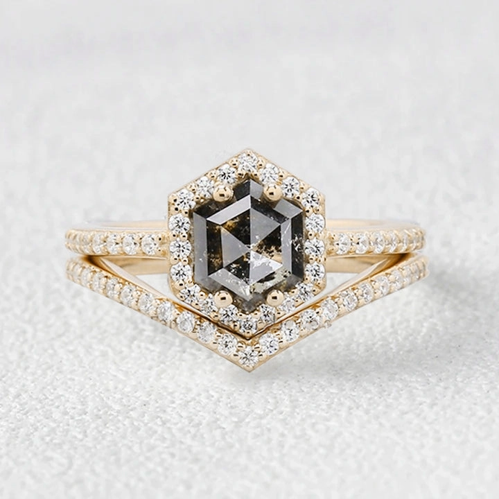Stylish pieces Hexagon Salt and Pepper Diamonds Stacking Engagement Ring Set 2pcs