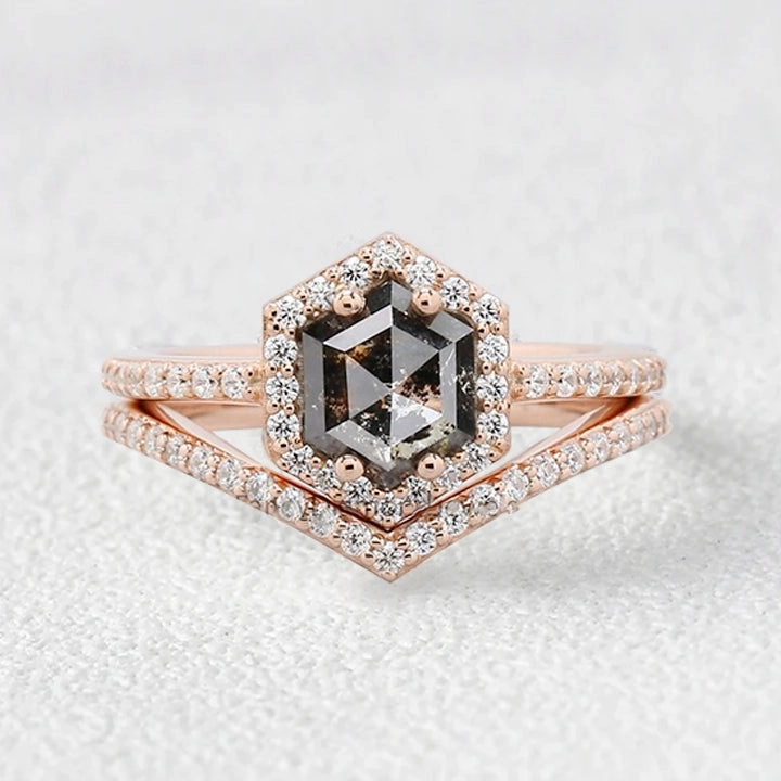 Glamorous Expression HighEnd Design Hexagon Salt and Pepper Diamonds Stacking Engagement Ring Set 2pcs