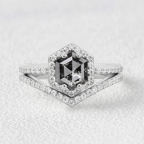 Hexagon Salt and Pepper Diamonds Stacking Engagement Ring Set 2pcs Impeccable Highlight