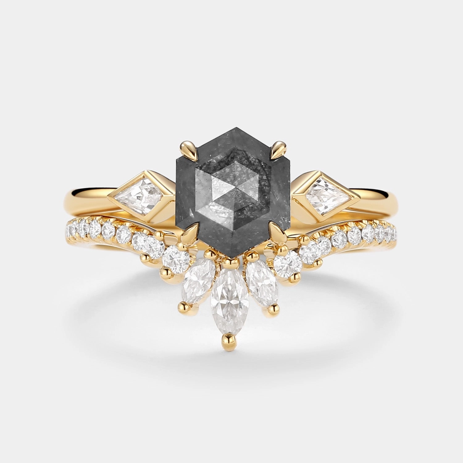 Hexagon Salt and Pepper Diamonds Three Stone Engagement Ring Set 2pcs - Noir Chic Detail Celebration Style