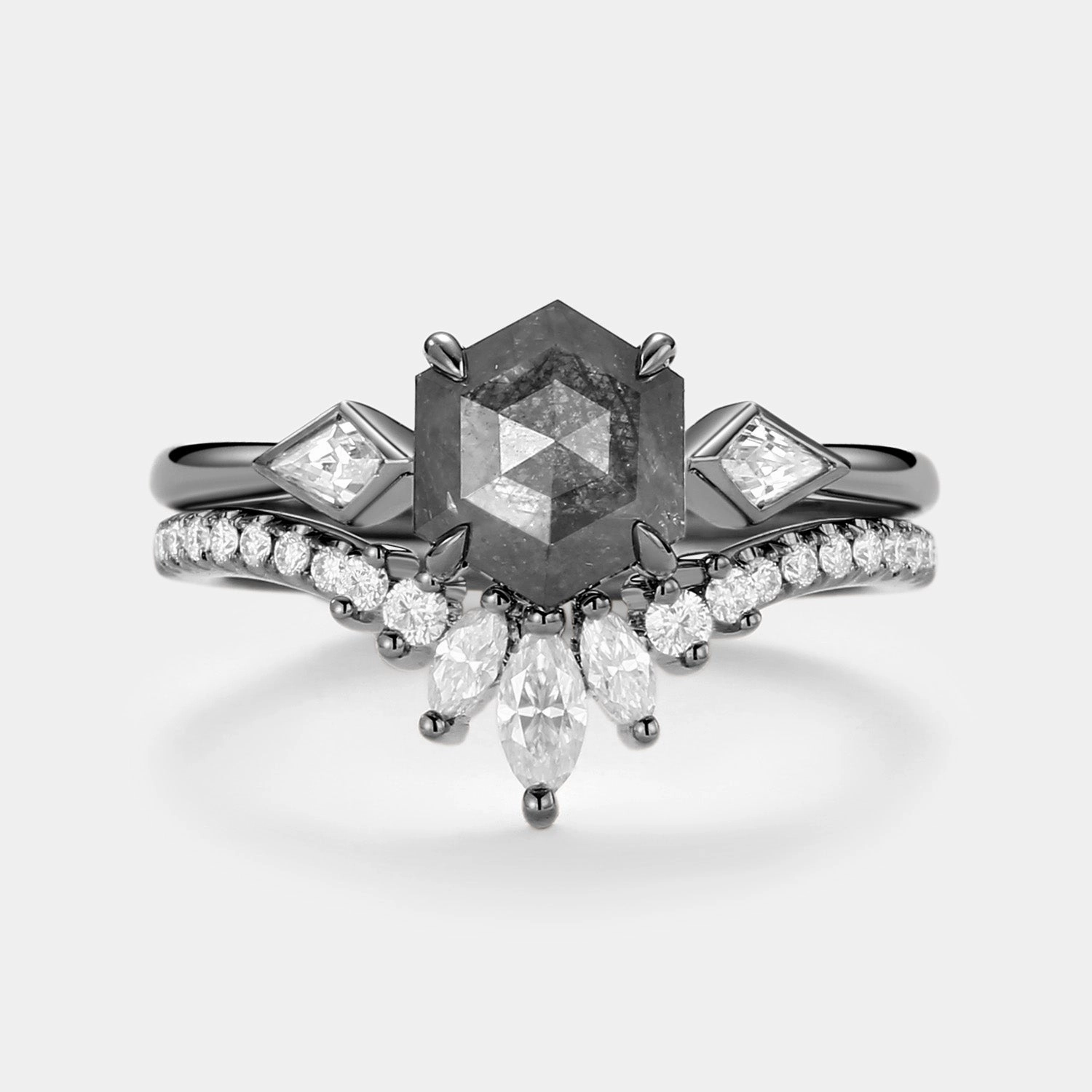 Hexagon Salt and Pepper Diamonds Three Stone Engagement Ring Set 2pcs - Noir Seasonal Spark Memory Lane