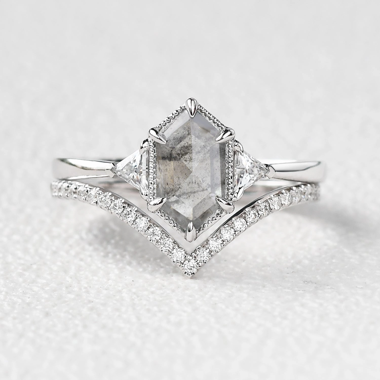 Timeless Accessories Romantic Design Hexagon Salt and Pepper Diamonds Three Stone Ring Set 2pcs