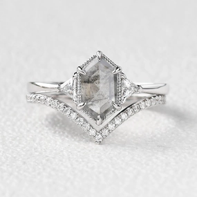 Holiday look Luxury Touch Design Hexagon Salt and Pepper Diamonds Three Stone Ring Set 2pcs