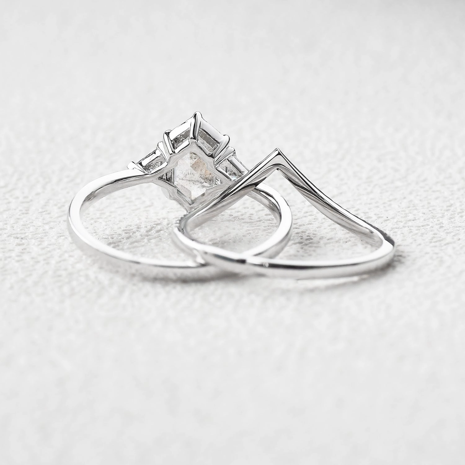 Seasonal Favorite Hexagon Salt and Pepper Diamonds Three Stone Ring Set 2pcs