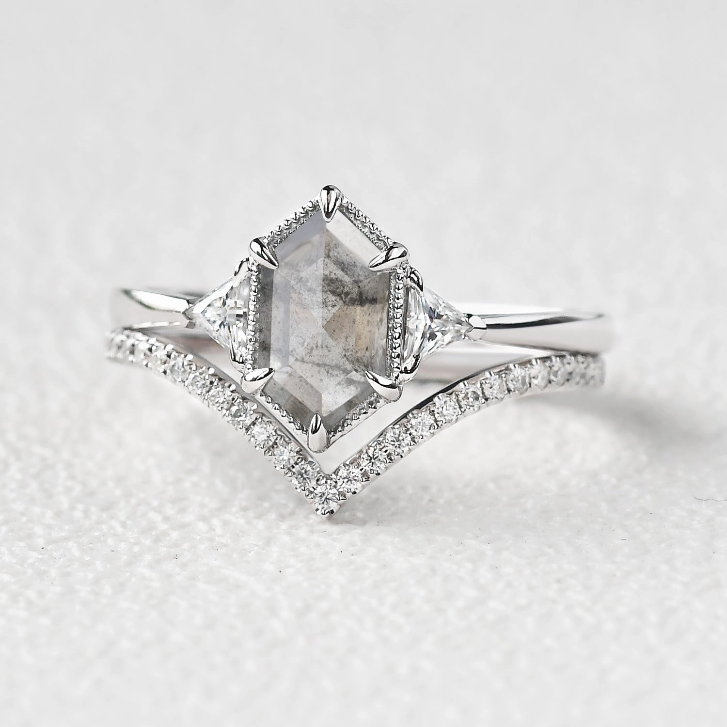 Hexagon Salt and Pepper Diamonds Three Stone Ring Set 2pcs Evening Mood Luxury Taste