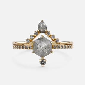 Hexagon Salt and Pepper Diamonds Unique Ring Sets 2pcs Delicate Edge Vivid Charm