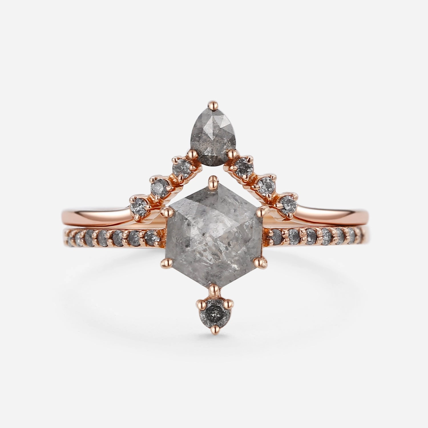 Soft Finish Understated Detail Hexagon Salt and Pepper Diamonds Unique Ring Sets 2pcs