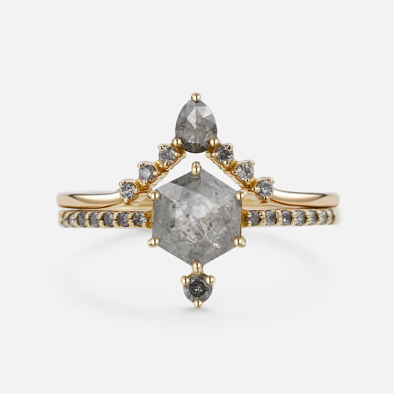 Hexagon Salt and Pepper Diamonds Unique Ring Sets 2pcs Delicate Style