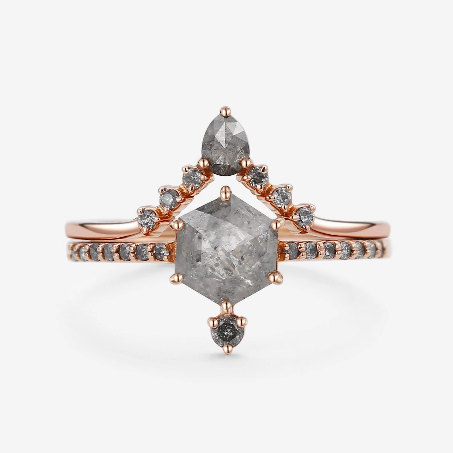 Artisan Embellishment Hexagon Salt and Pepper Diamonds Unique Ring Sets 2pcs