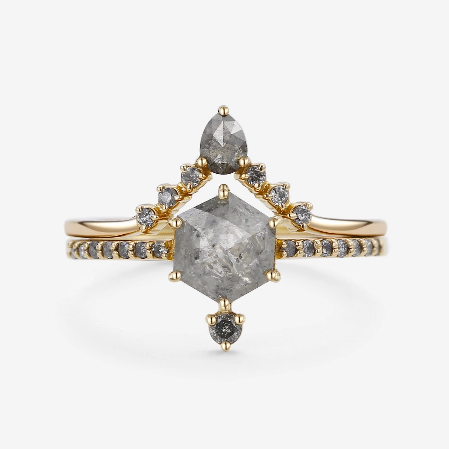 Hexagon Salt and Pepper Diamonds Unique Ring Sets 2pcs Delicate Edge Vivid Charm